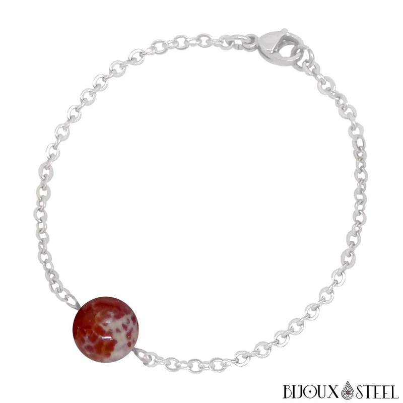 Bracelet à perle d'agate de feu en acier inoxydable