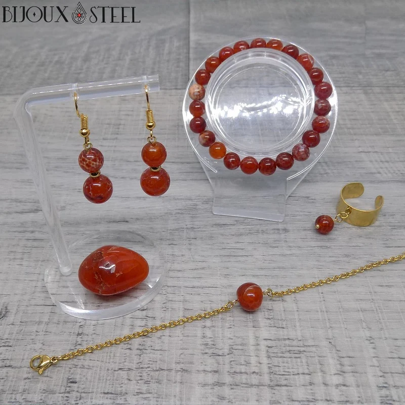 Bracelet à perle d'agate de feu en acier inoxydable