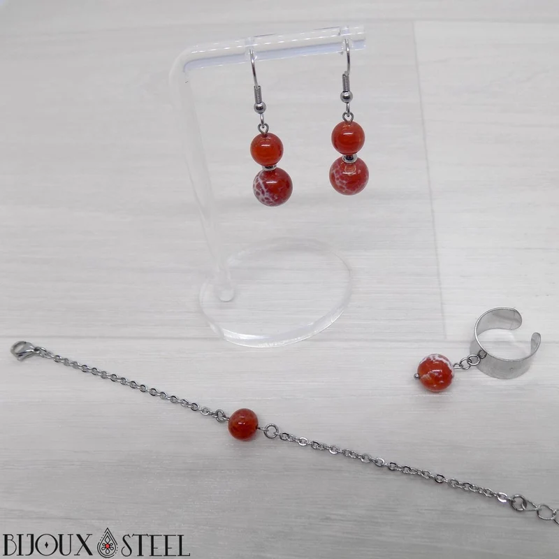 Bracelet à perle d'agate de feu en acier inoxydable