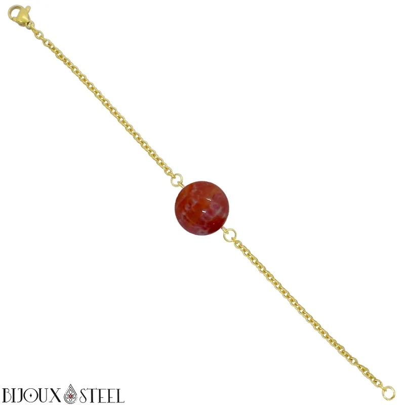 Bracelet à perle d'agate de feu en acier inoxydable