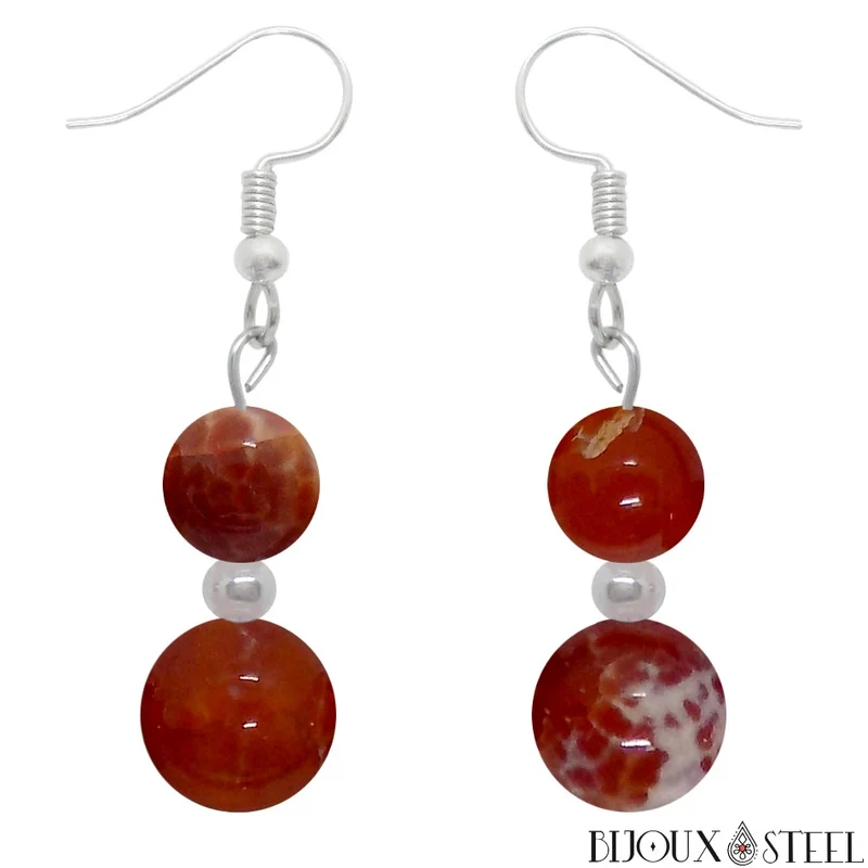 Boucles d'oreilles pendantes doubles perles d'agate de feu