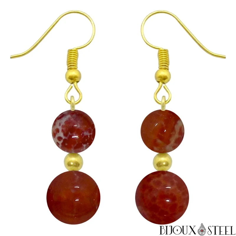 Boucles d'oreilles pendantes doubles perles d'agate de feu