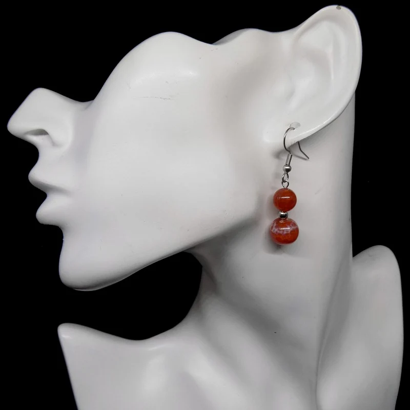 Boucles d'oreilles pendantes doubles perles d'agate de feu