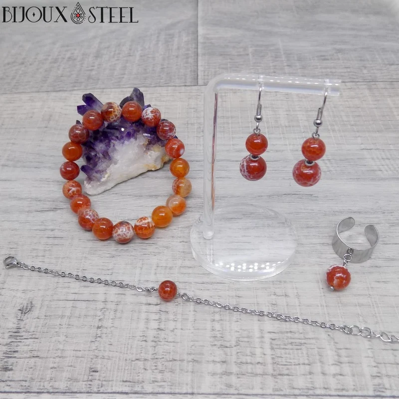 Boucles d'oreilles pendantes doubles perles d'agate de feu
