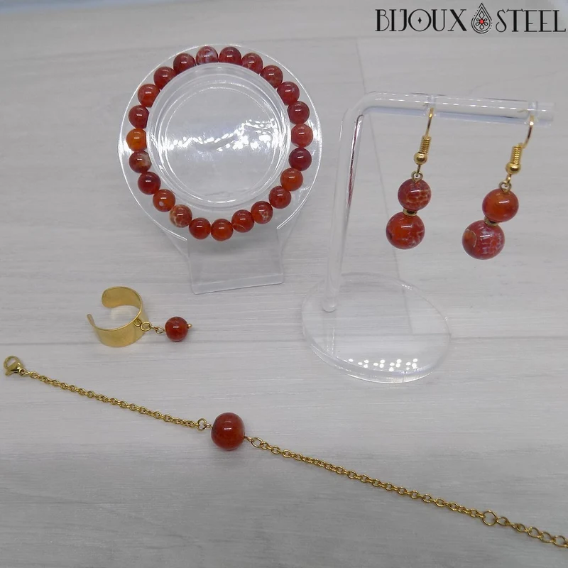 Boucles d'oreilles pendantes doubles perles d'agate de feu