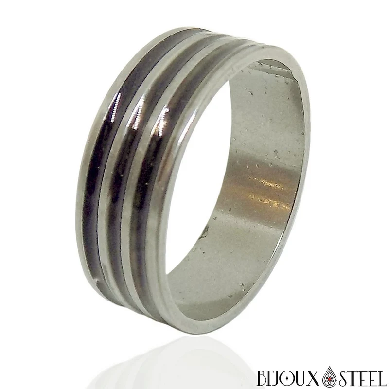 Bague homme argentée trois bandes noires en acier inoxydable