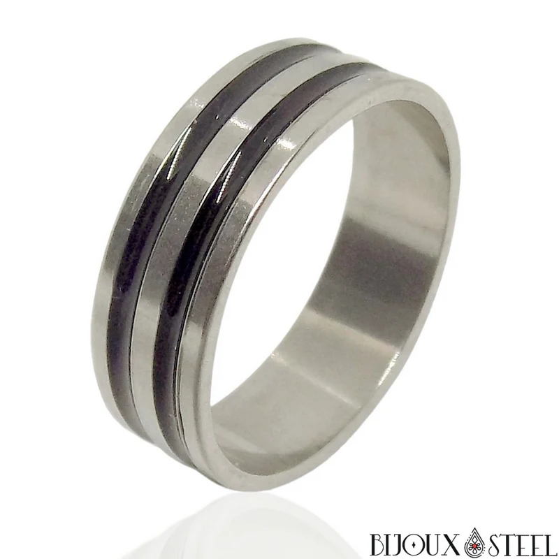 Bague homme argentée deux bandes noires en acier inoxydable