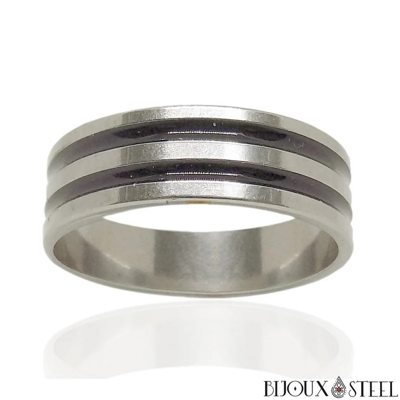 Bague homme argentée deux bandes noires en acier inoxydable