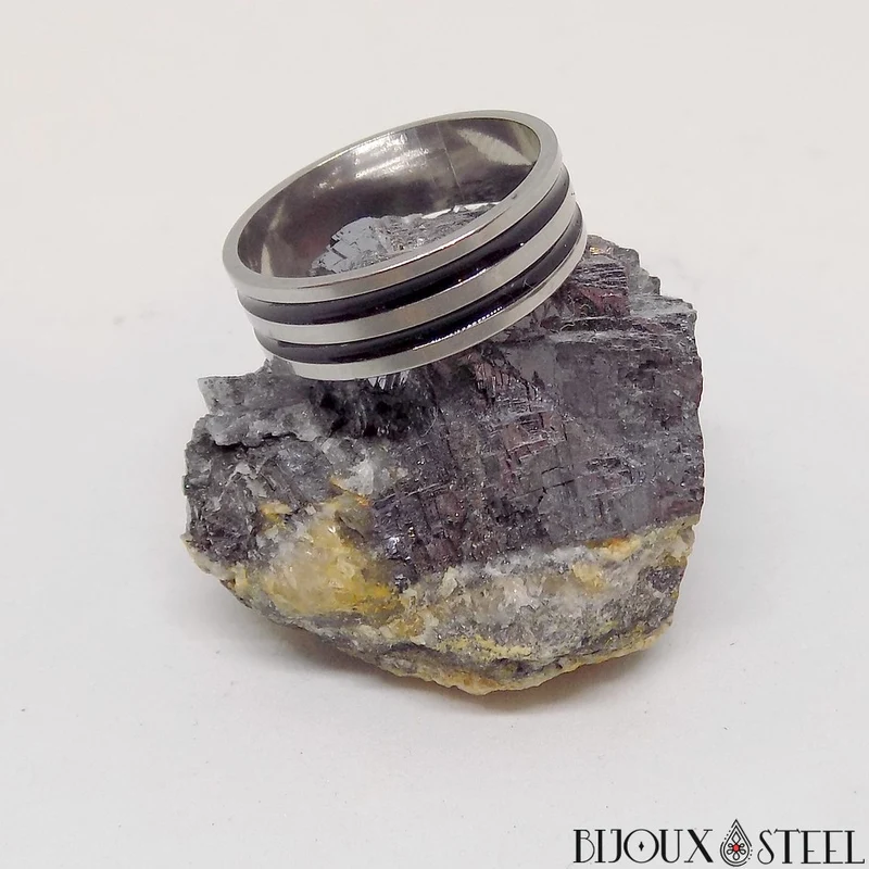 Bague homme argentée deux bandes noires en acier inoxydable