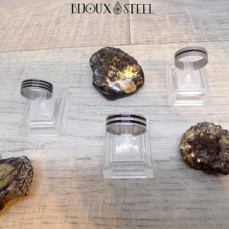 Bague homme argentée deux bandes noires en acier inoxydable