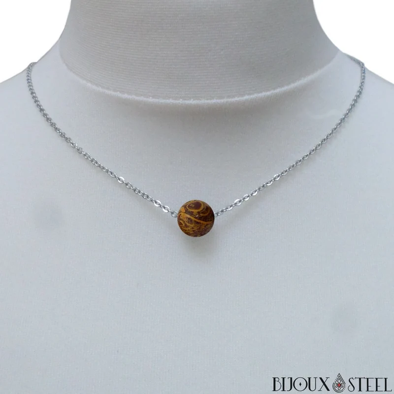 Collier à perle de jaspe éléphant en acier inoxydable