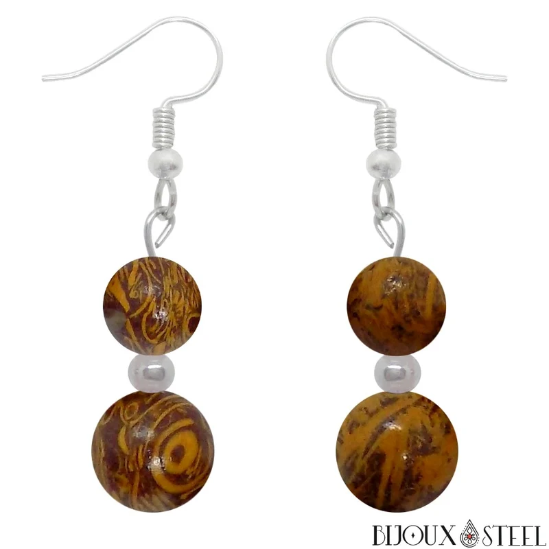 Boucles d'oreilles pendantes doubles perles de jaspe éléphant