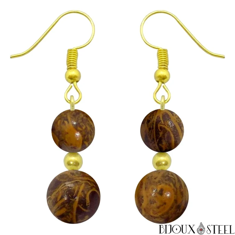 Boucles d'oreilles pendantes doubles perles de jaspe éléphant