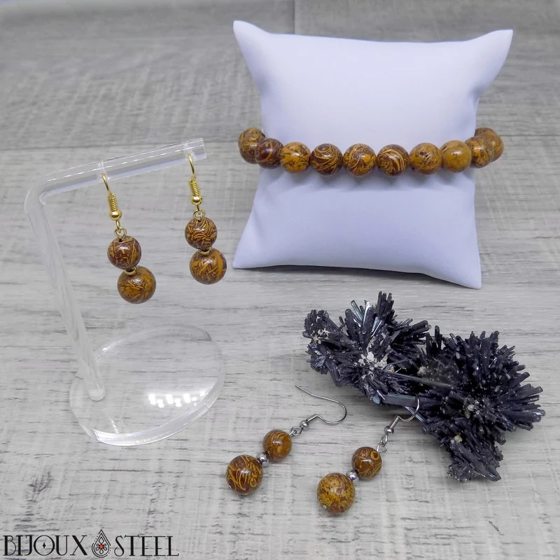 Boucles d'oreilles pendantes doubles perles de jaspe éléphant