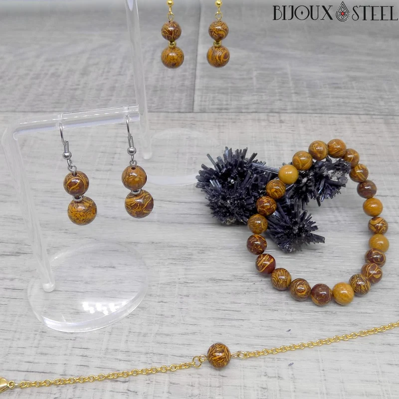 Boucles d'oreilles pendantes doubles perles de jaspe éléphant