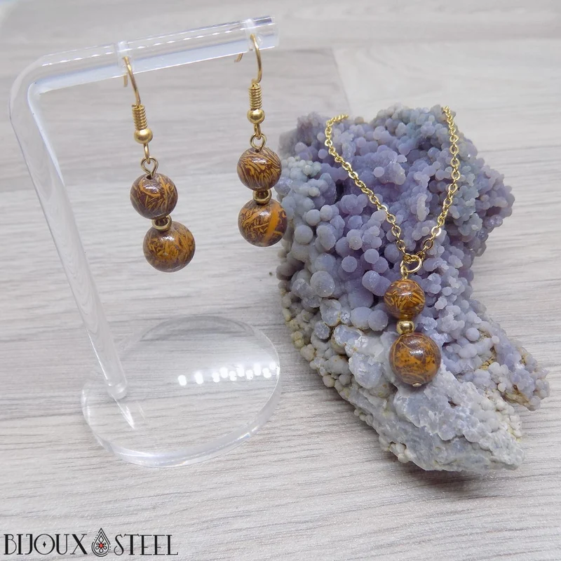 Boucles d'oreilles pendantes doubles perles de jaspe éléphant