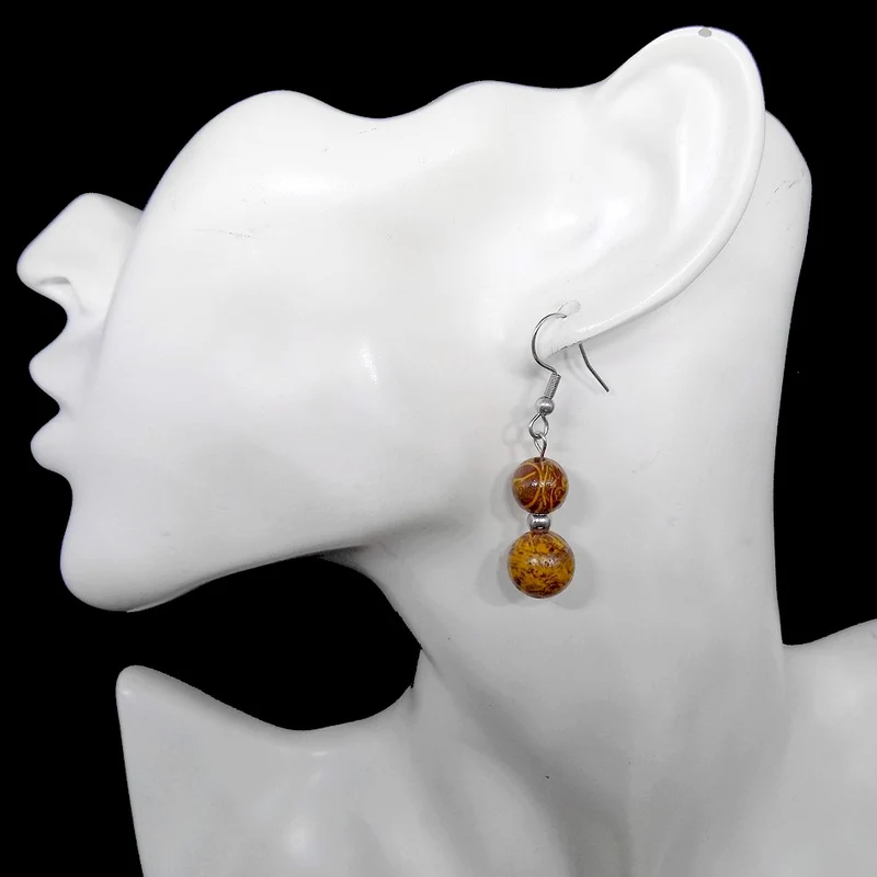 Boucles d'oreilles pendantes doubles perles de jaspe éléphant