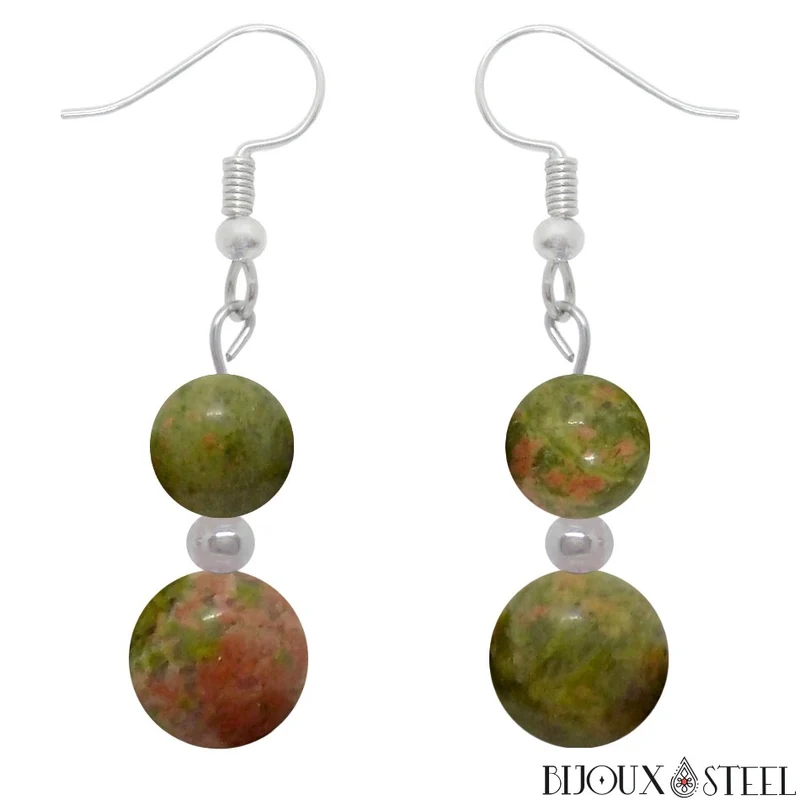 Boucles d'oreilles pendantes doubles perles d'unakite