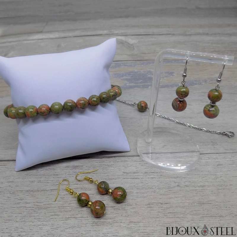 Boucles d'oreilles pendantes doubles perles d'unakite