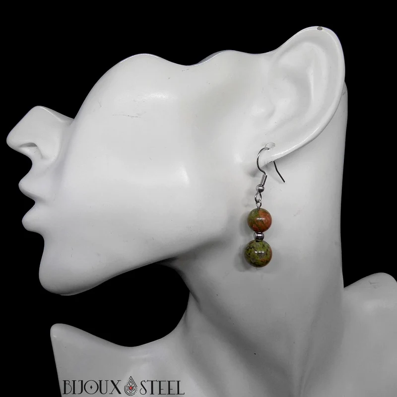 Boucles d'oreilles pendantes doubles perles d'unakite