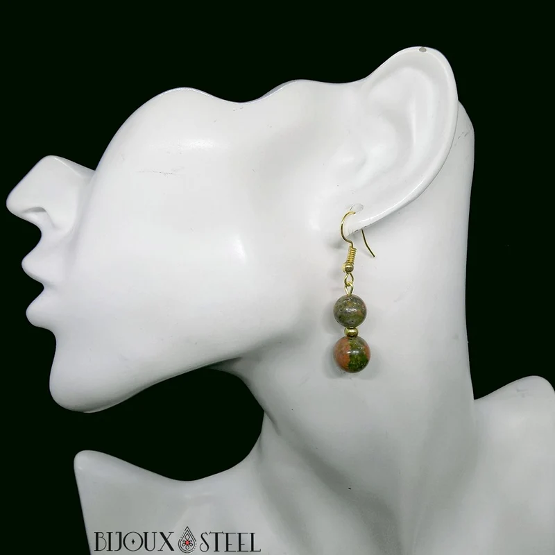 Boucles d'oreilles pendantes doubles perles d'unakite