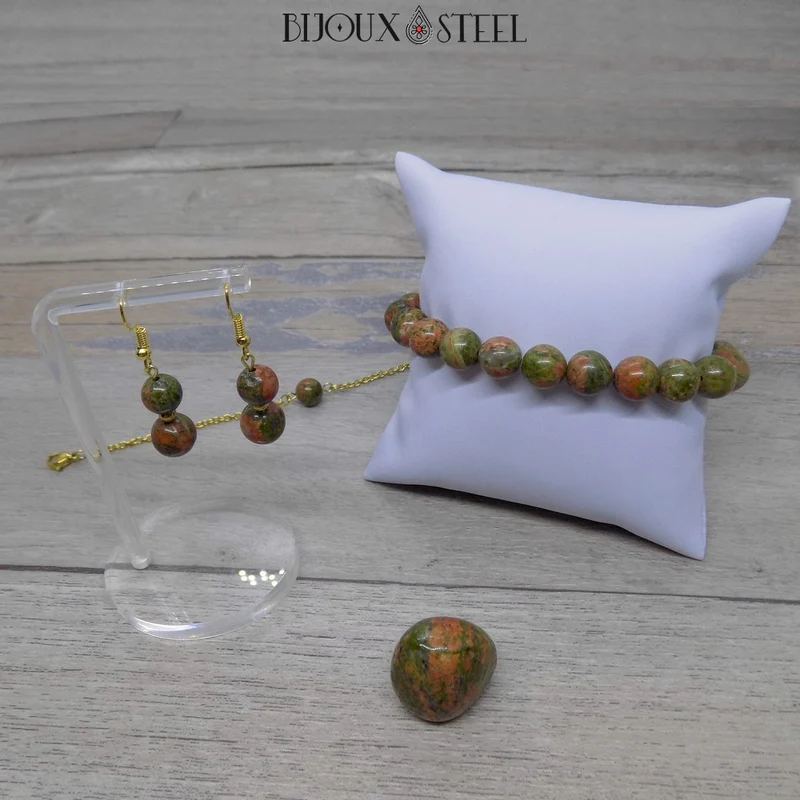 Boucles d'oreilles pendantes doubles perles d'unakite