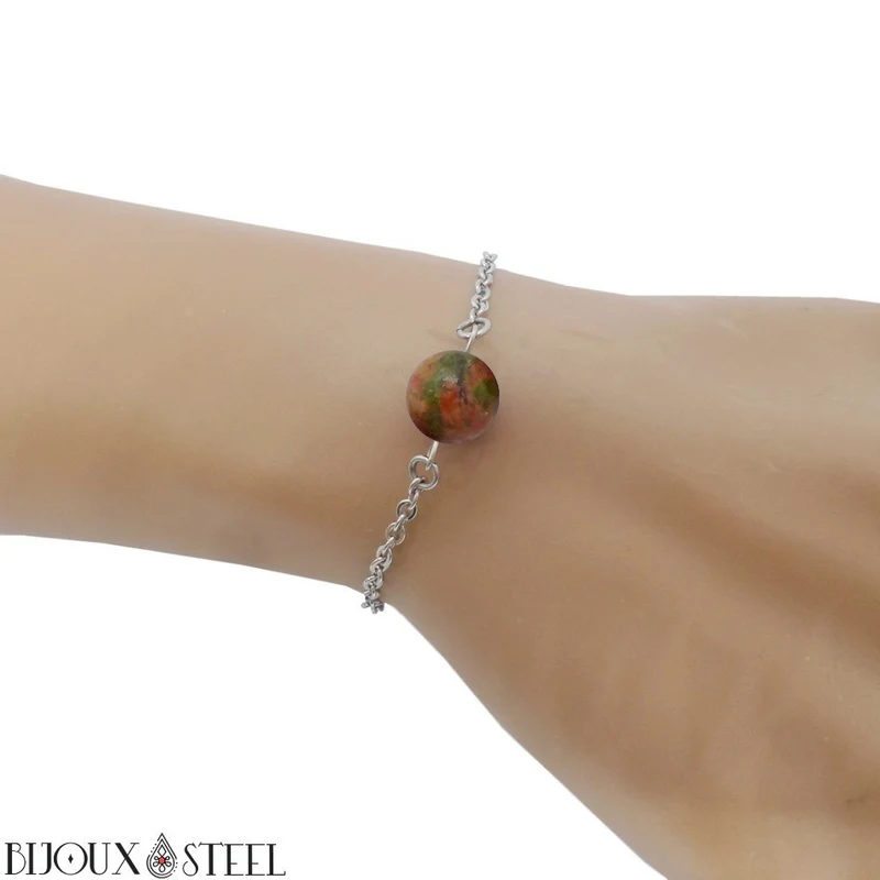 Bracelet à perle d'unakite en acier inoxydable