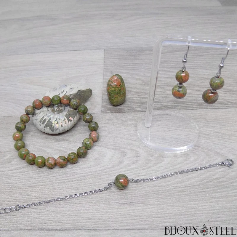 Bracelet à perle d'unakite en acier inoxydable