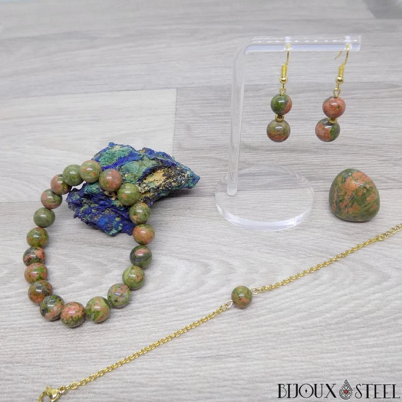 Bracelet à perle d'unakite en acier inoxydable