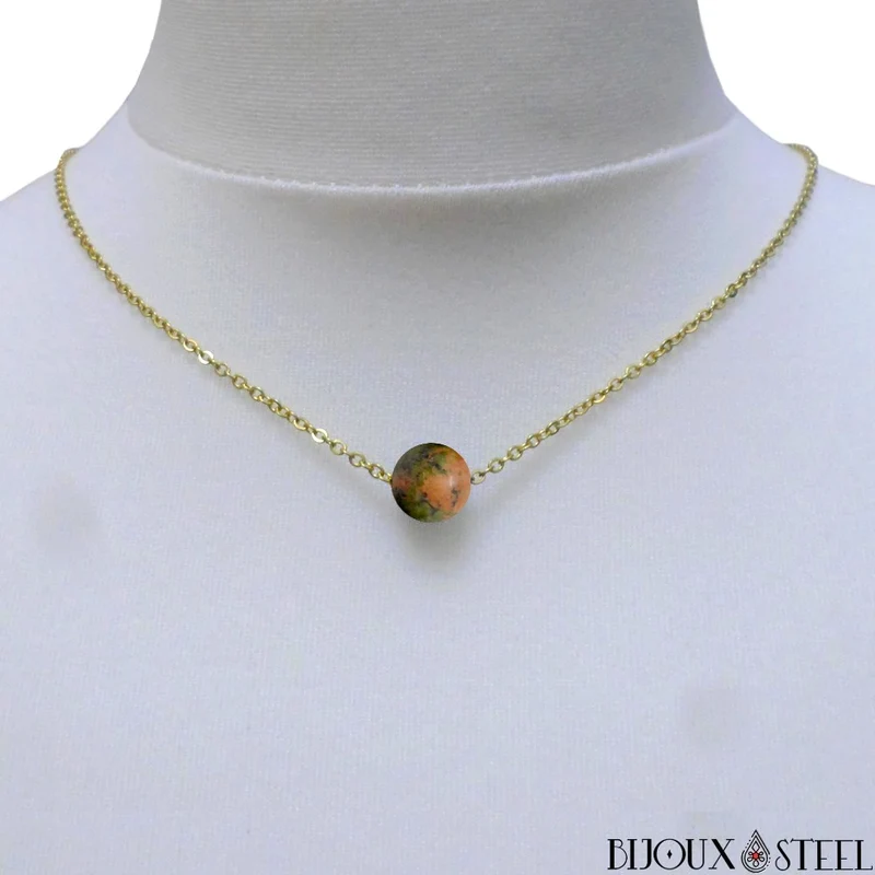 Collier à perle d'unakite en acier inoxydable