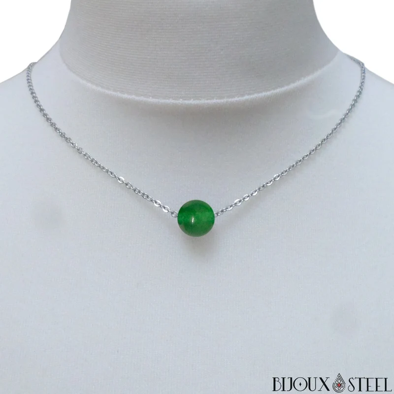 Collier à perle de jade de Malaisie en acier inoxydable