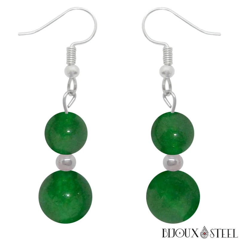 Boucles d'oreilles pendantes doubles perles en jade de Malaisie