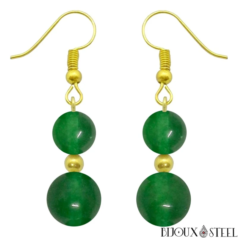 Boucles d'oreilles pendantes doubles perles en jade de Malaisie