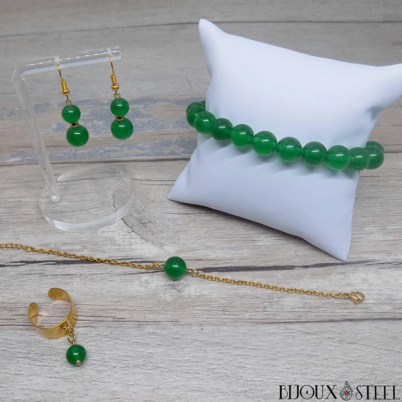 Boucles d'oreilles pendantes doubles perles en jade de Malaisie