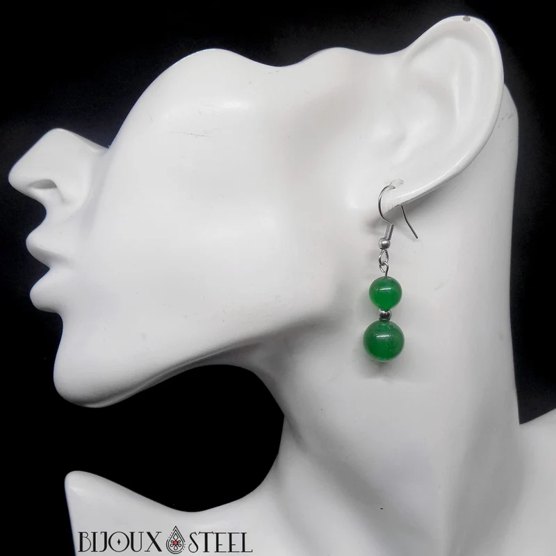 Boucles d'oreilles pendantes doubles perles en jade de Malaisie