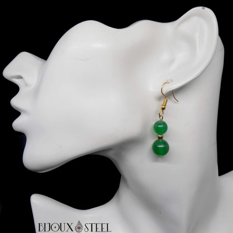 Boucles d'oreilles pendantes doubles perles en jade de Malaisie