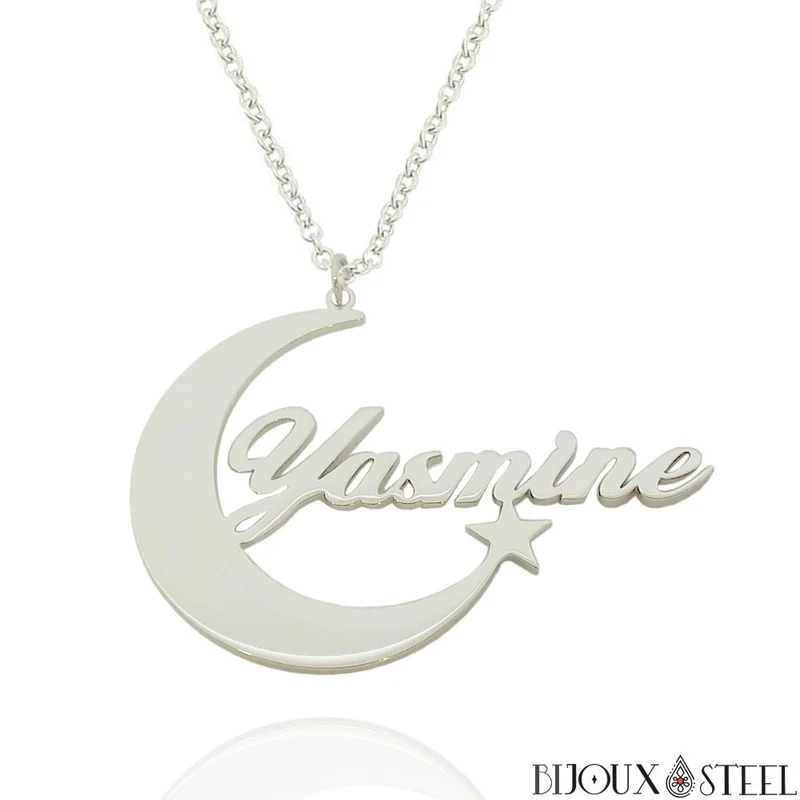 Collier prénom personnalisé et croissant de Lune en acier inoxydable