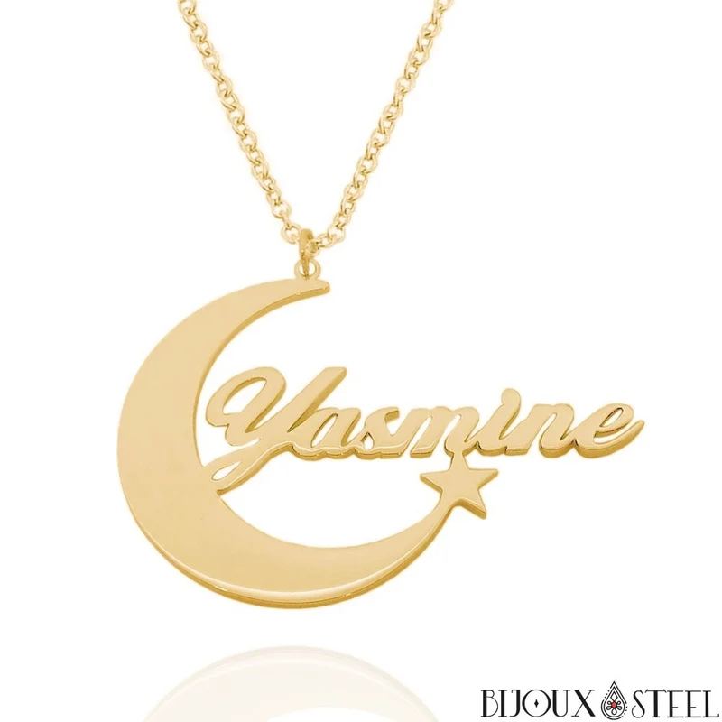 Collier prénom personnalisé et croissant de Lune en acier inoxydable