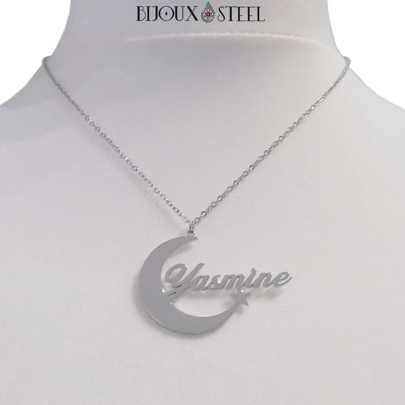 Collier prénom personnalisé et croissant de Lune en acier inoxydable
