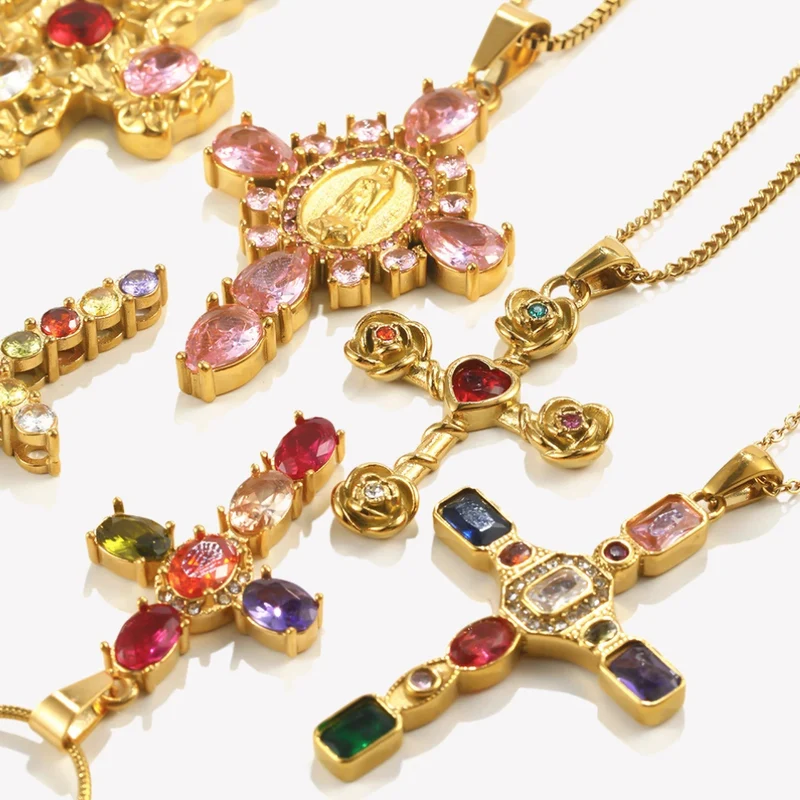 Collier Croix Pierres Roses