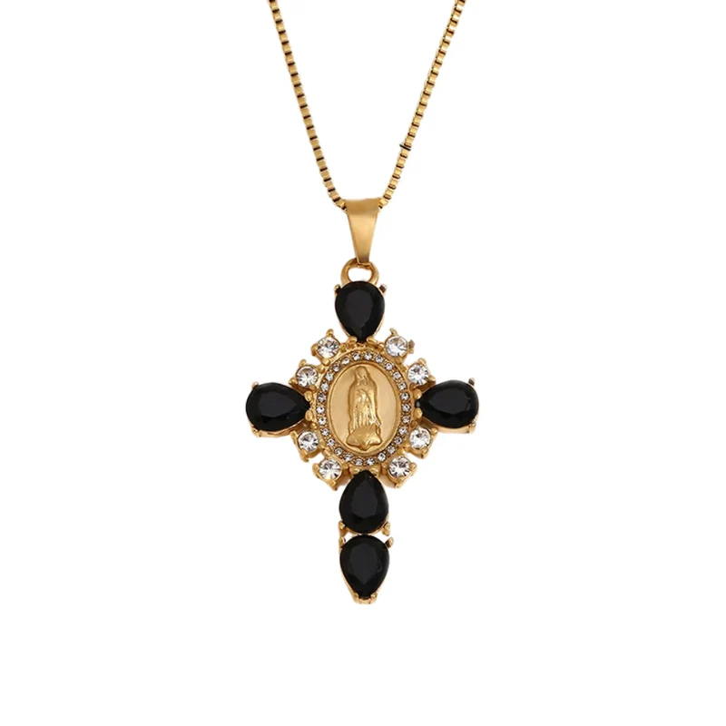 Collier Croix Pierres Noires