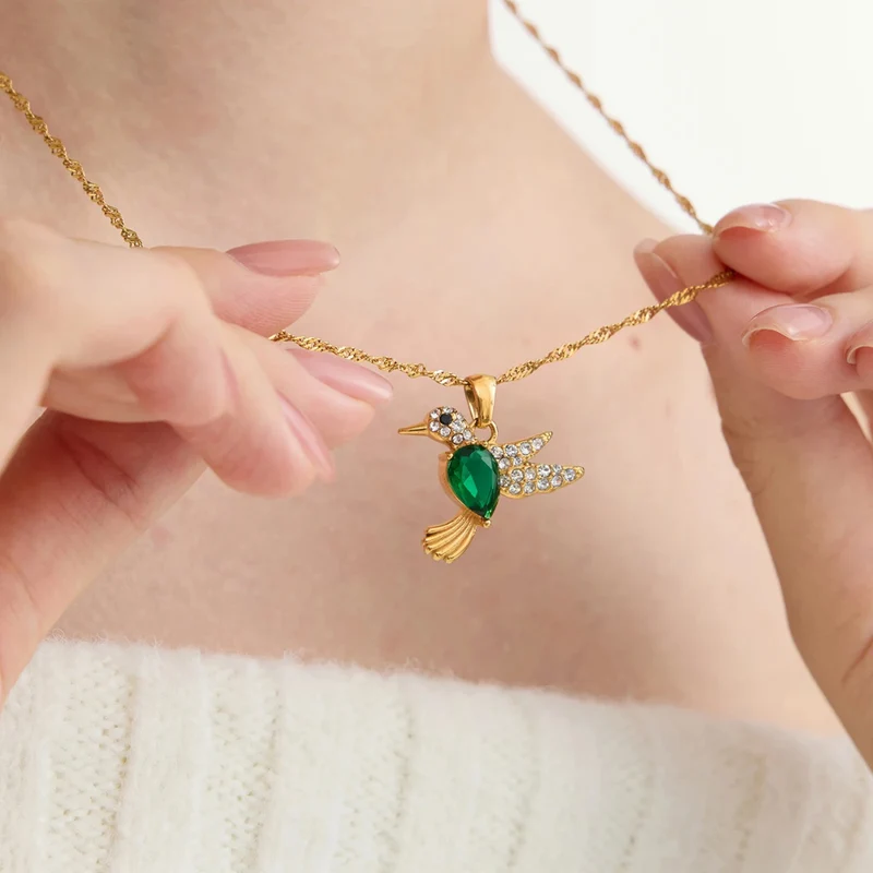 Collier Oiseau et Pierre Verte