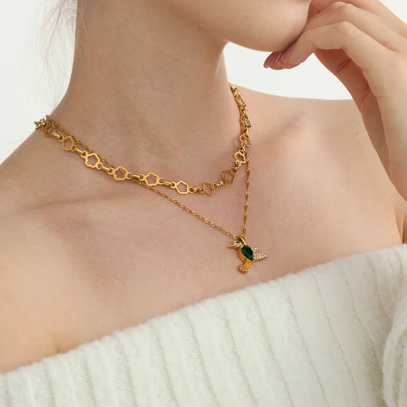Collier Oiseau et Pierre Verte