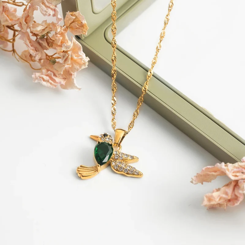 Collier Oiseau et Pierre Verte