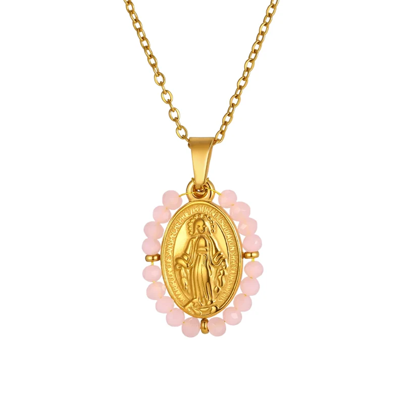 Collier Vierge Marie Perles Roses
