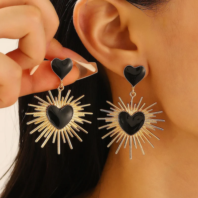 Boucles d'Oreilles Coeur Soleil Noir