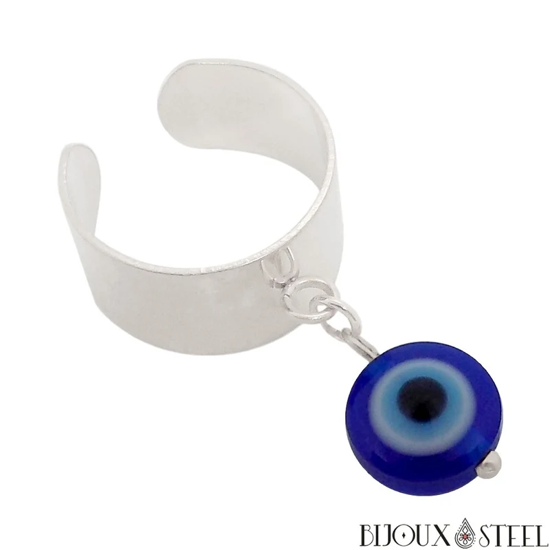 Bague large ajustable à pendentif mauvais oeil en acier inoxydable