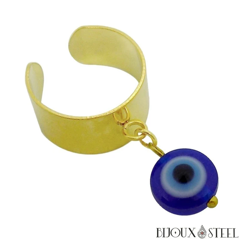 Bague large ajustable à pendentif mauvais oeil en acier inoxydable