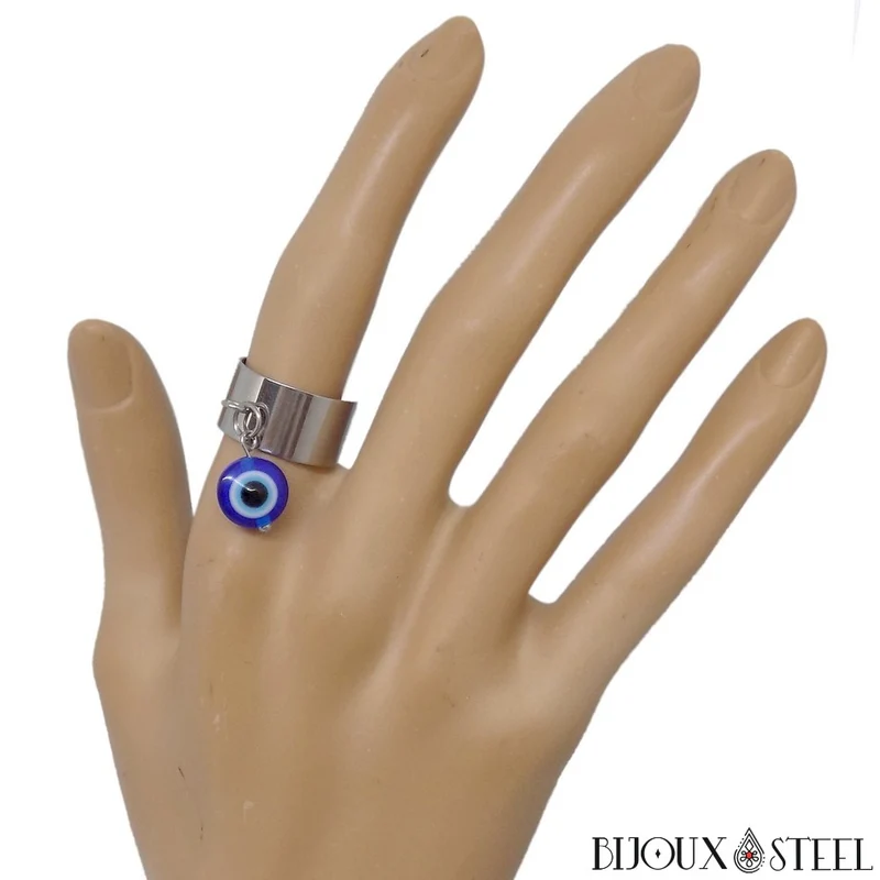 Bague large ajustable à pendentif mauvais oeil en acier inoxydable