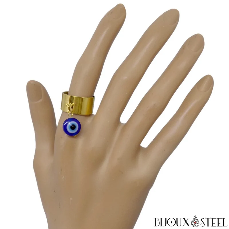 Bague large ajustable à pendentif mauvais oeil en acier inoxydable